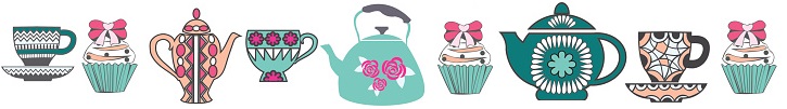 Background of Tea Time ,Tea cups, pots  and  Cupcake